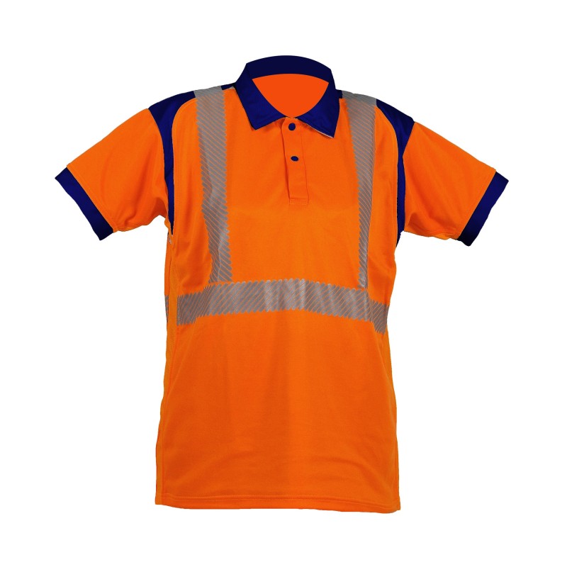 Polo Tech6 MC Bandes segmentées Orange fluo et Marine