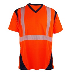 Tee Shirt Bambou MC Bandes segmentées Orange fluo et Marine