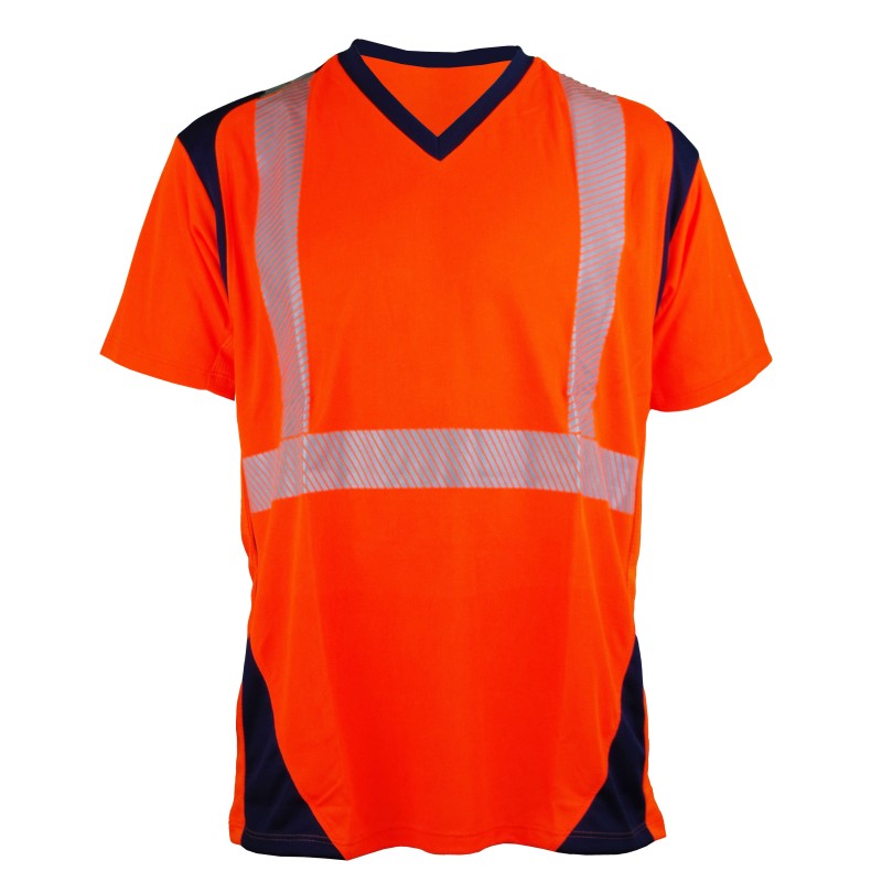 Tee Shirt Bambou MC Bandes segmentées Orange fluo et Marine