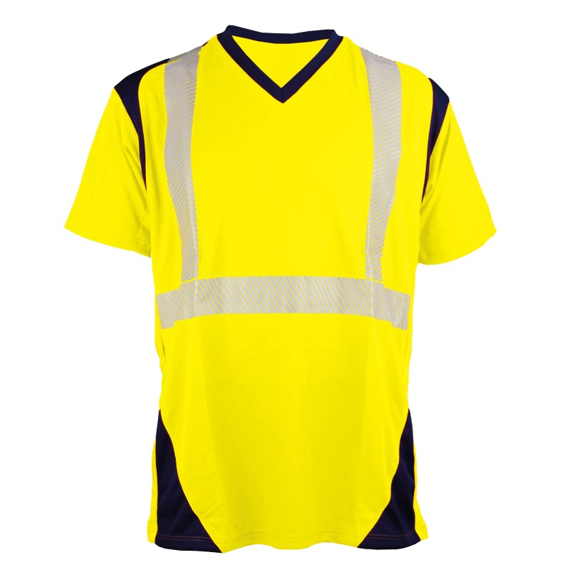 Tee Shirt MC  Bandes Segmentees Jaune fluo & Marine
